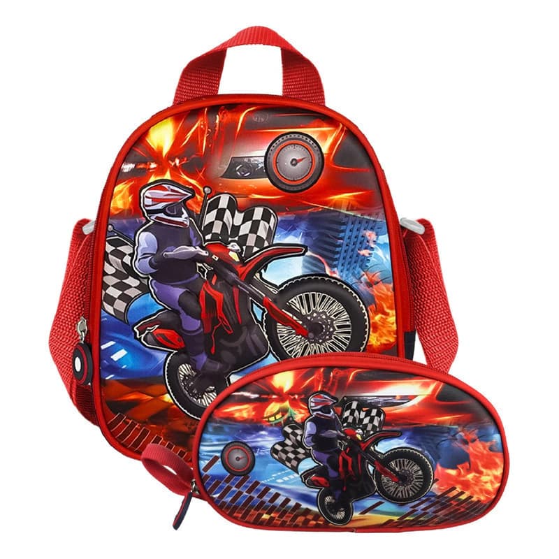 Kit Escolar Lunchera Térmica + Cartuchera 3D Trendy | Diseño rígido en relieve — Rojo 14968 14974 / Moto