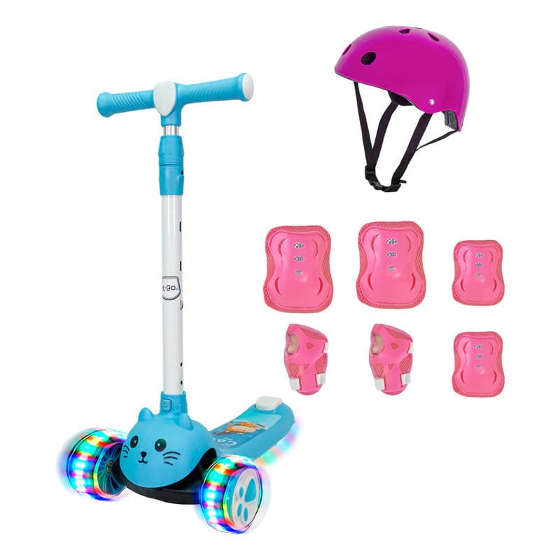 Monopatín 3 Ruedas T-Go SCO0331 con Luces LED + Casco y Protecciones — Niños 3 a 8 años — Azul