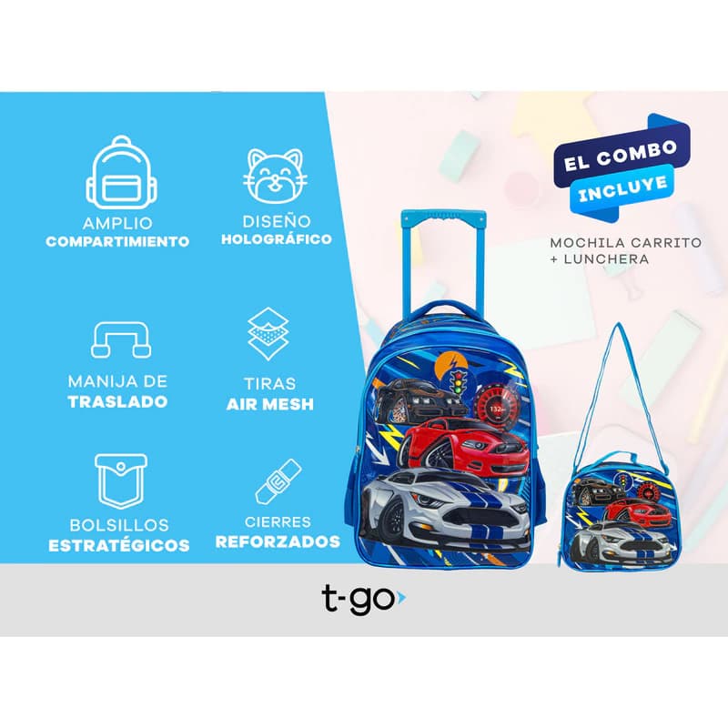 Kit Escolar Mochila Carrito + Lunchera | T-go — Azul / Autos