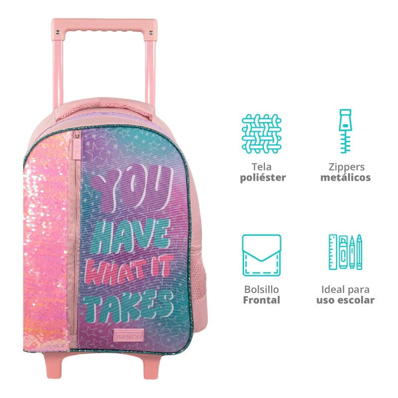 Mochila Escolar con Carrito 3D 15" Trendy | Ruedas Silicona Jardín y Primaria — Rosa / Lentejuelas