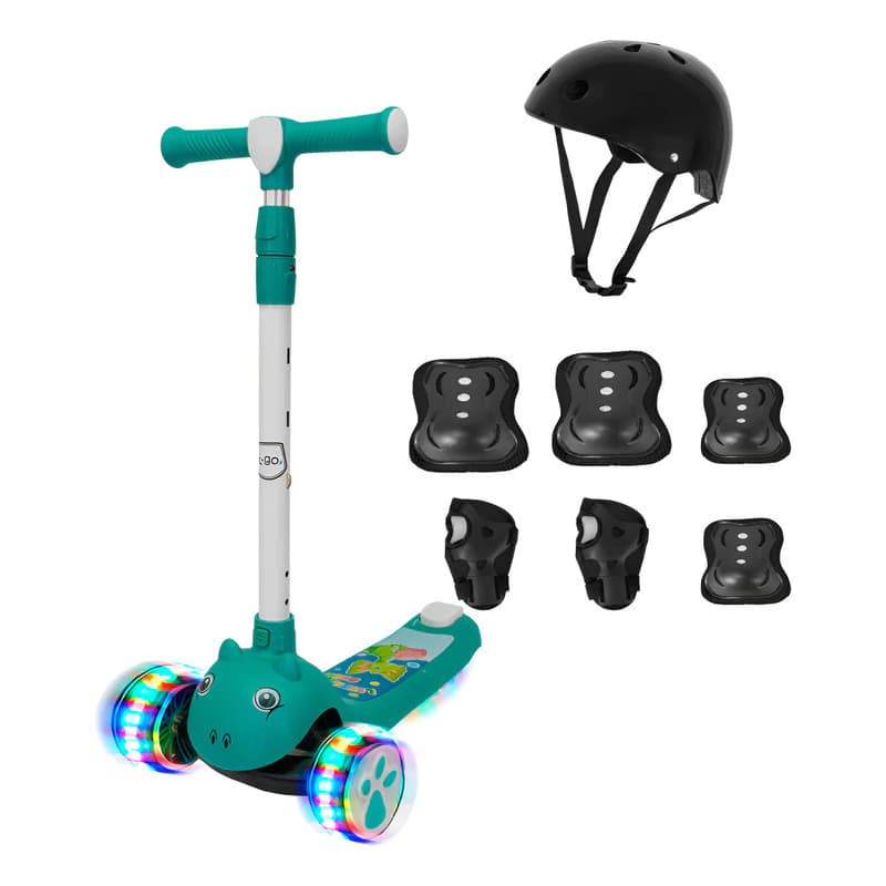 Monopatín 3 Ruedas T-Go SCO0331 con Luces LED + Casco y Protecciones — Niños 3 a 8 años — Verde