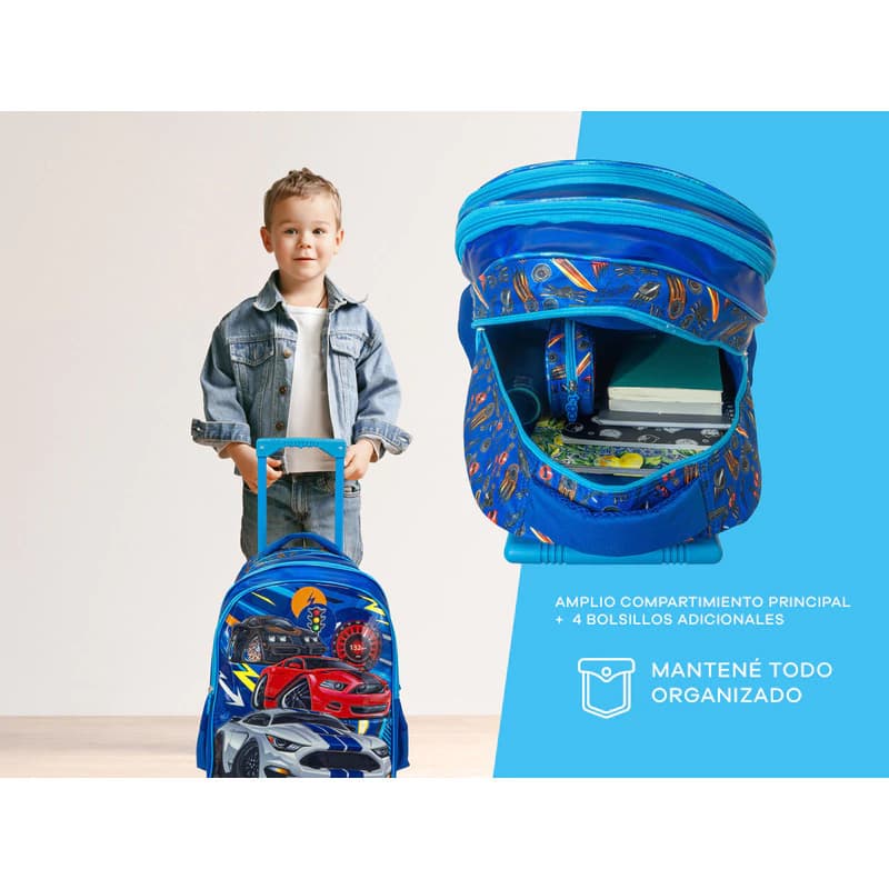 Kit Escolar Mochila Carrito + Lunchera | T-go — Azul / Autos