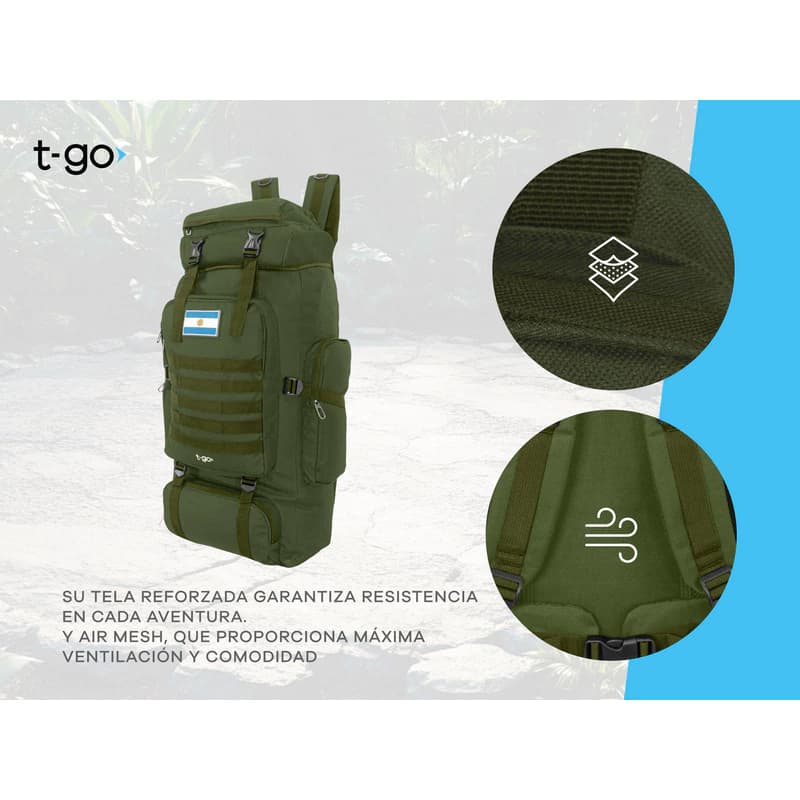 Mochila Trekking y Camping 70 Litros T-Go | Nylon Reforzado con Sistema Air Fluid — Negro / Liso