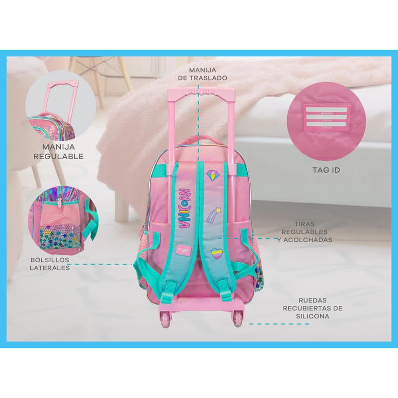 Mochila Carrito Nena Niña Escolar Kawaii Primaria Jardín — Rosa / Unicornio con peluche