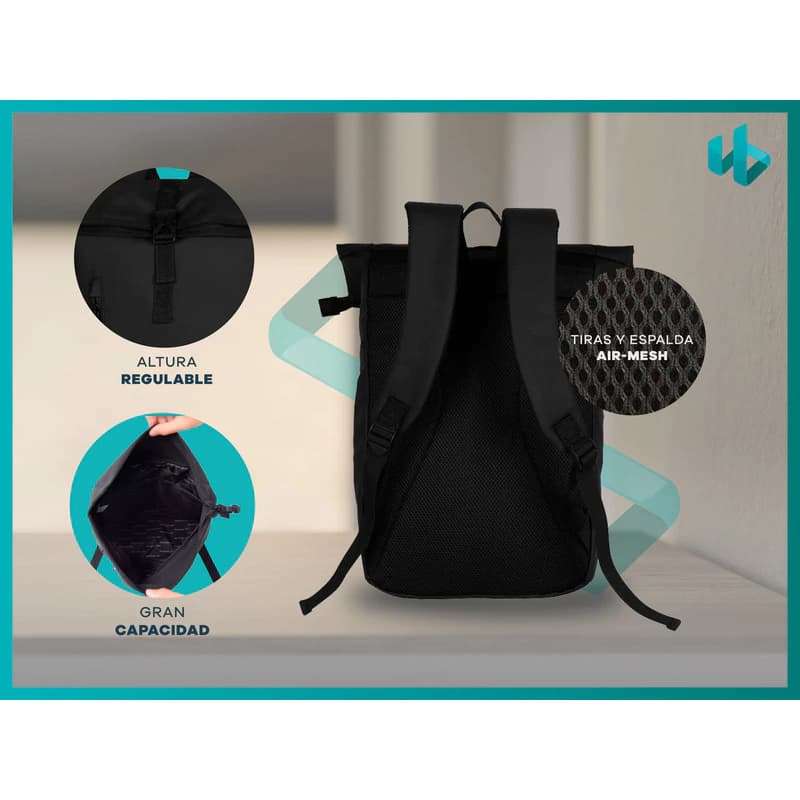 Mochila Reebok Roll Top Portanotebook 16L - Urbana Repelente al Agua