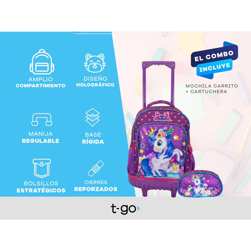 Mochila Carrito Escolar 18" + Cartuchera T-Go | Kit Primaria con Luces LED