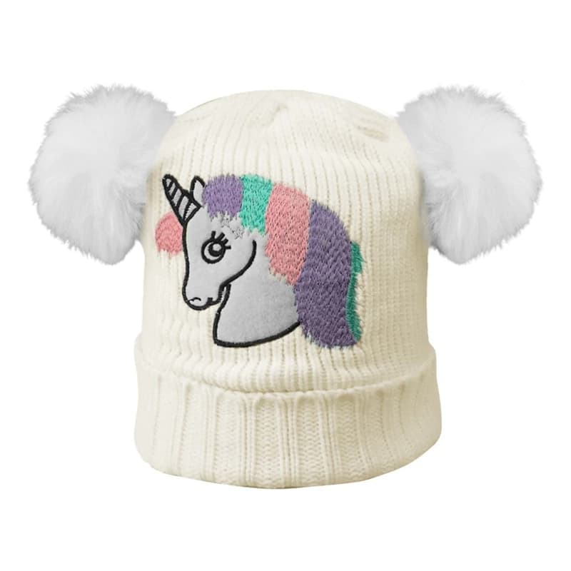 Gorro Lana Nena Doble Pompón Polar Interno Trendy – Abrigado y Adorable — Blanco Unicornio / Único