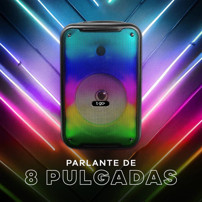 Parlante Portátil T-Go 8" Bluetooth con Micrófono, Luces LED y Radio FM – Karaoke incluido