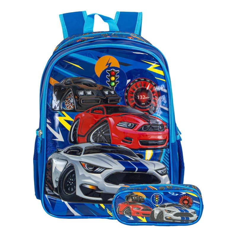 Kit Escolar | Mochila + Cartuchera — Azul Autos