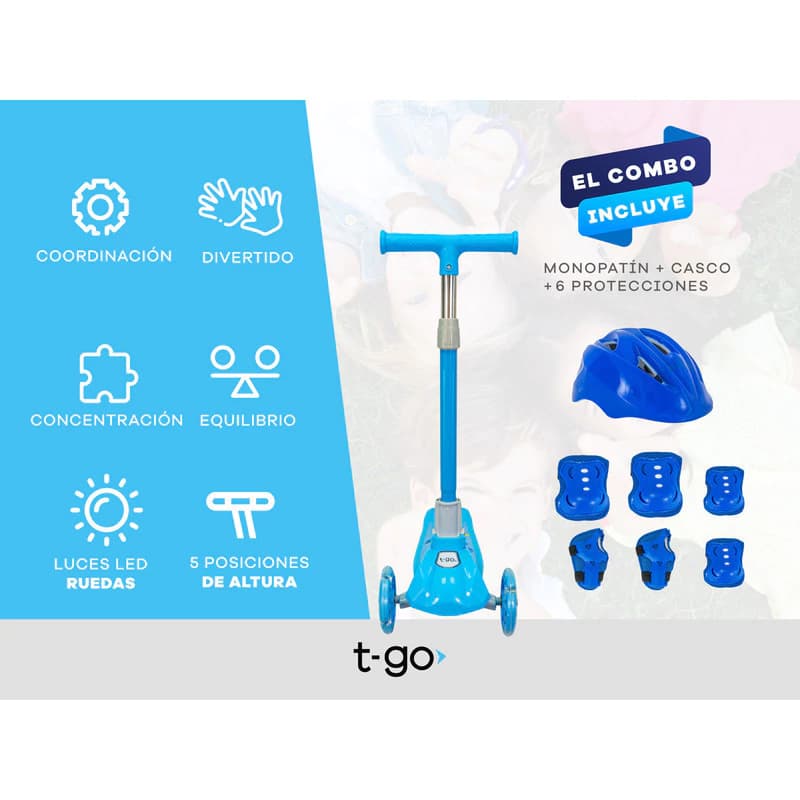 Monopatín 3 Ruedas T-Go SCO018 + Casco y Protecciones Niños — Plegable con Luces LED — Rojo