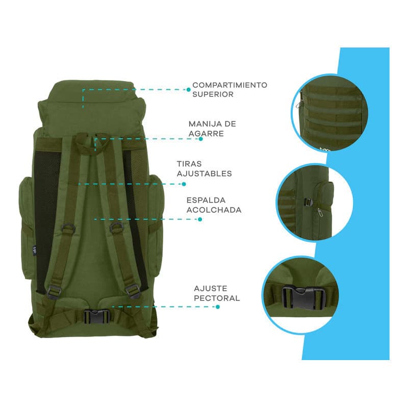 Mochila Trekking y Camping 70 Litros T-Go | Nylon Reforzado con Sistema Air Fluid — Negro / Liso