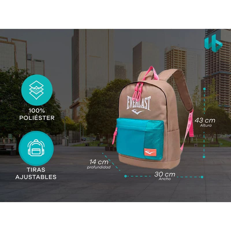 Mochila Everlast Portanotebook 15.6" Urbana Reforzada Poliéster 20L — Caqui 22257 / Liso