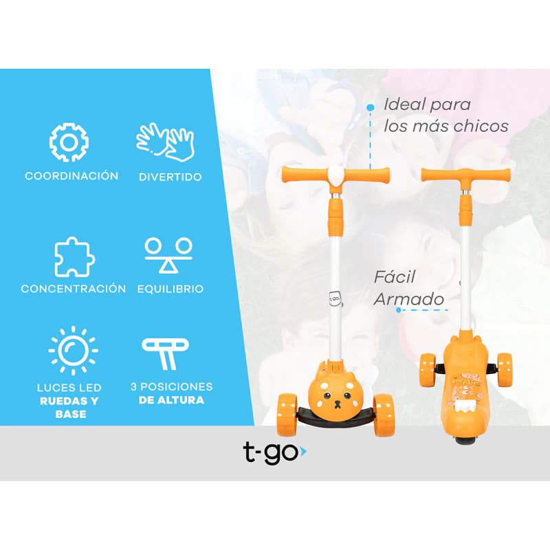 Monopatín Infantil con Luces LED T-Go Perrito — Altura Regulable 3 Ruedas