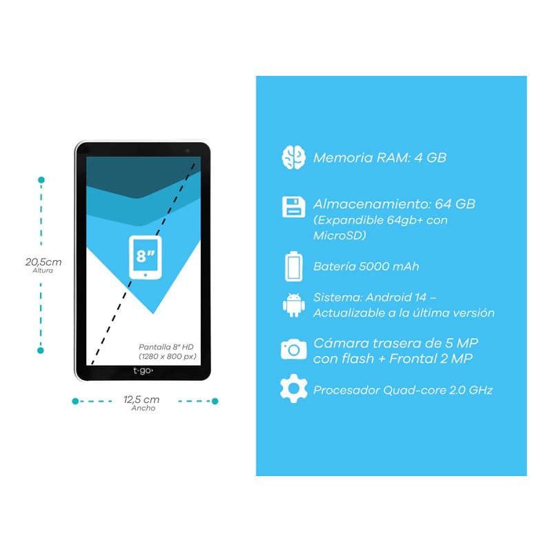 Tablet T-go Helios 8 64gb Android 14, 4gb Ram