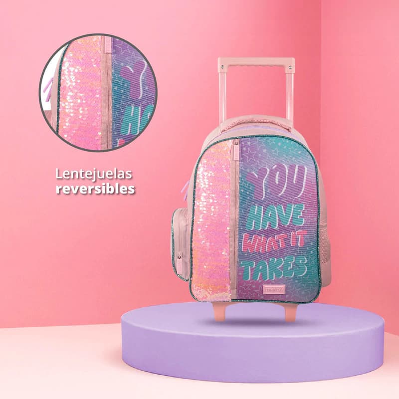 Mochila Escolar con Carrito 3D 15" Trendy | Ruedas Silicona Jardín y Primaria — Rosa / Lentejuelas
