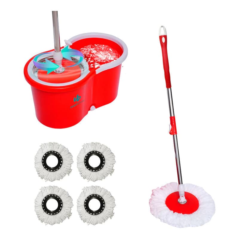 Escurridor Mopa Trapeador Con Balde Centrifugo + 4 Repuestos — Rojo
