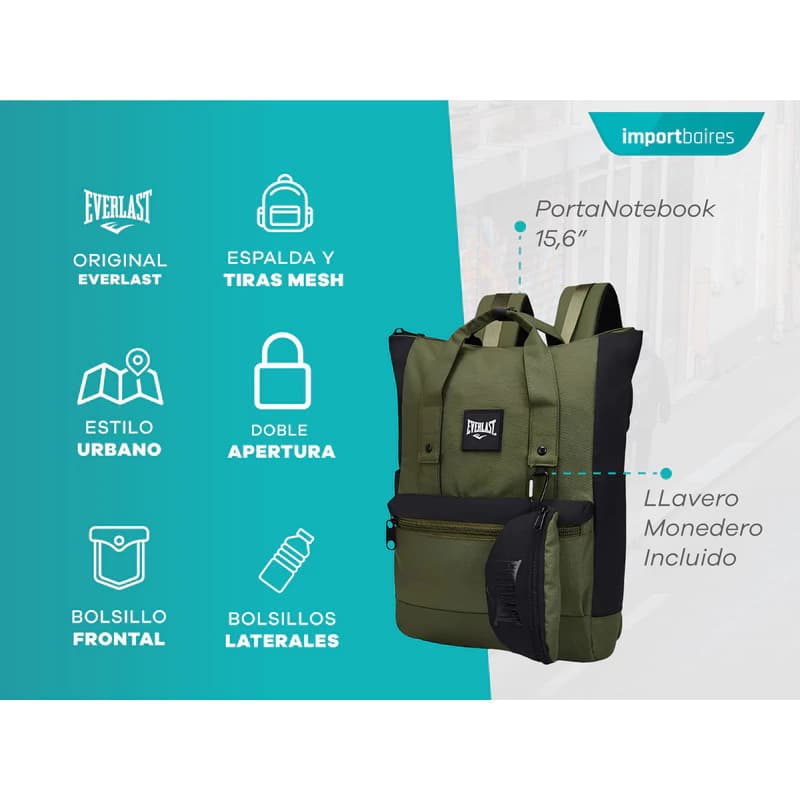 Mochila Urbana Everlast 22256 17l Porta Notebook Hombre — Verde musgo / Liso