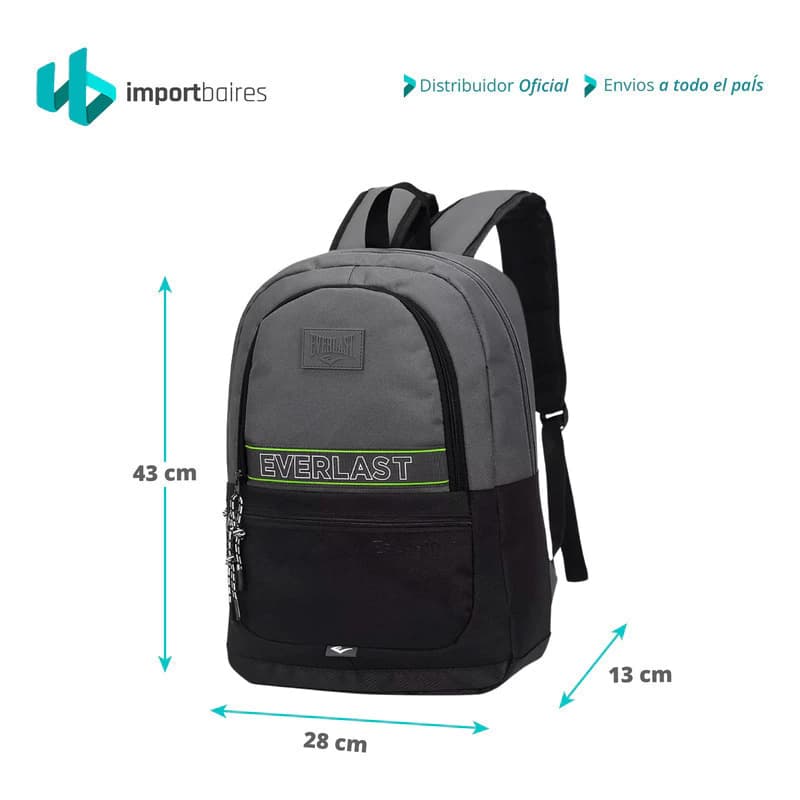 Mochila Everlast Urbana Porta Notebook 15,6" — 20 L, Nylon, 4 Bolsillos — Negro con gris / Liso