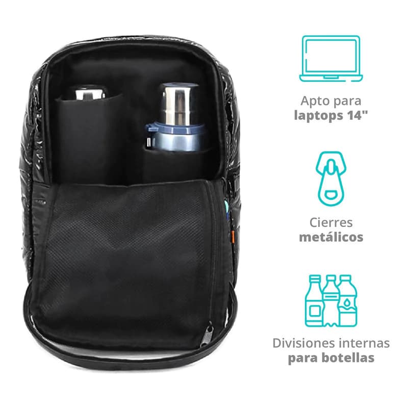Mochila Urbana Trendy Símil Puffer Mujer 13L con Bolsillo para Notebook y Botellas — Verde / Liso