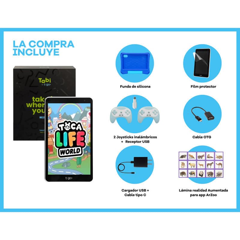 Tablet T-GO Kids 8" Android 14 con 2 Joysticks, 4GB RAM, 64GB, Realidad Aumentada y Funda Antigolpes - AZUL