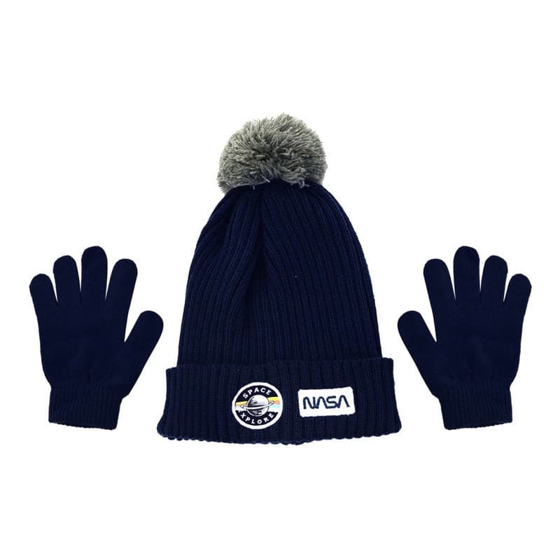 Set Gorro con Pompón + Guantes Niños N.A.S.A — Acrílico abrigado 2 a 10 años — Azul oscuro