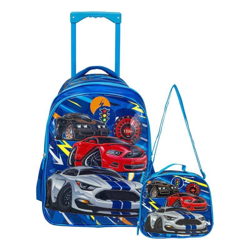 Kit Escolar Mochila Carrito + Lunchera | T-go — Azul / Autos