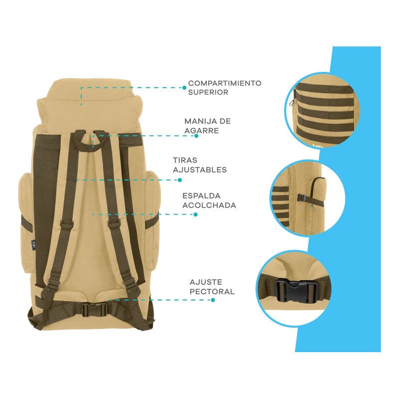 Mochilas Camping 70 Litros + Ducha Solar Portatil 20 Litros — Camel / Liso