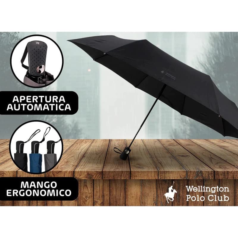 Paraguas Wellington Polo 6301 Unicolor Recto Automático — Negro / Liso