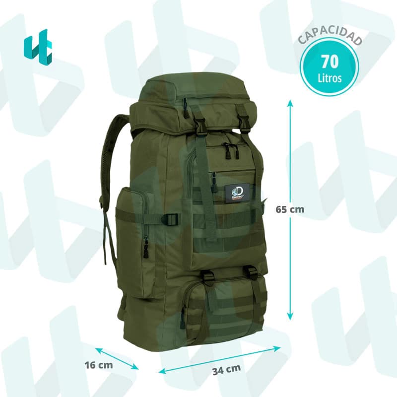 Mochila Táctica Mochilero Camping 70 Lts Reforzada Viaje — Verde / Liso