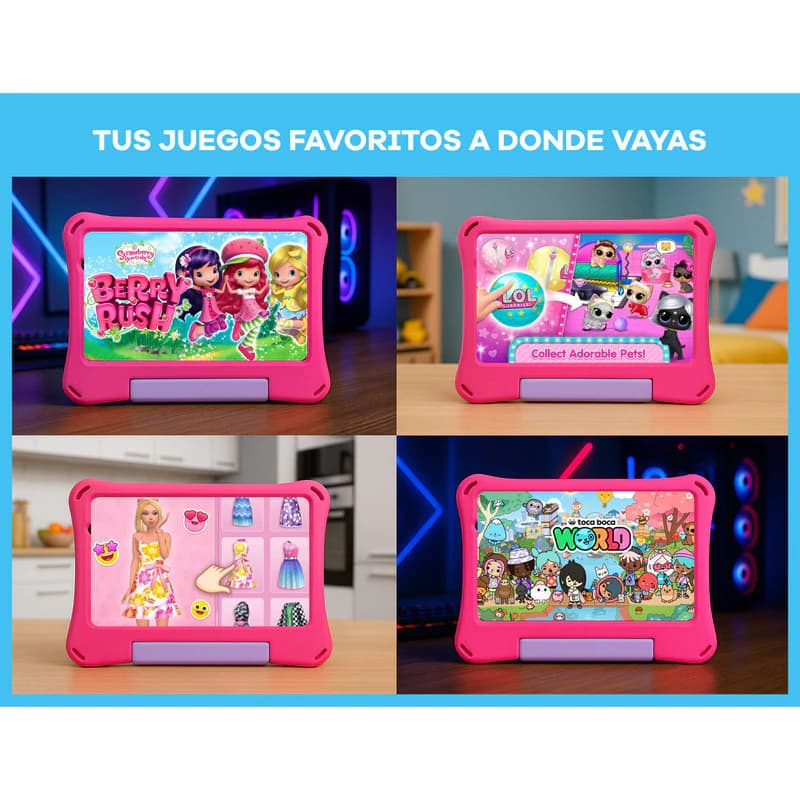 Tablet T-GO Kids 8" Android 14 con 2 Joysticks, 4GB RAM, 64GB, Realidad Aumentada y Funda Antigolpes - Rosa,