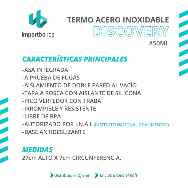 Botella Térmica Discovery Acero Inoxidable 850ml Doble Pared sin BPA — Negro