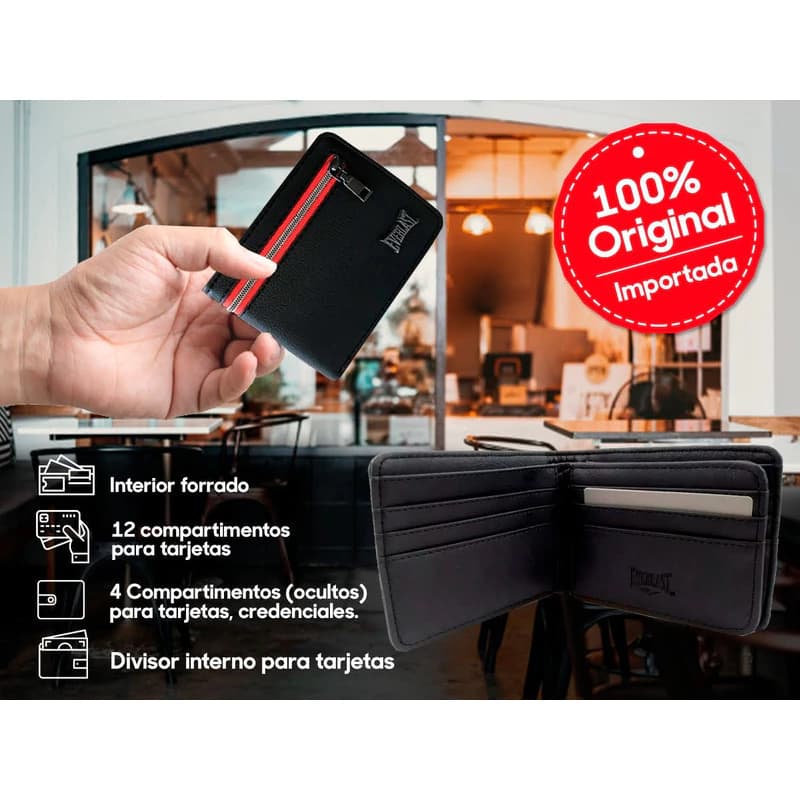 Billetera Everlast Hombre Cuero PU 12 Tarjetas con Packaging para Regalo — Gris / Liso