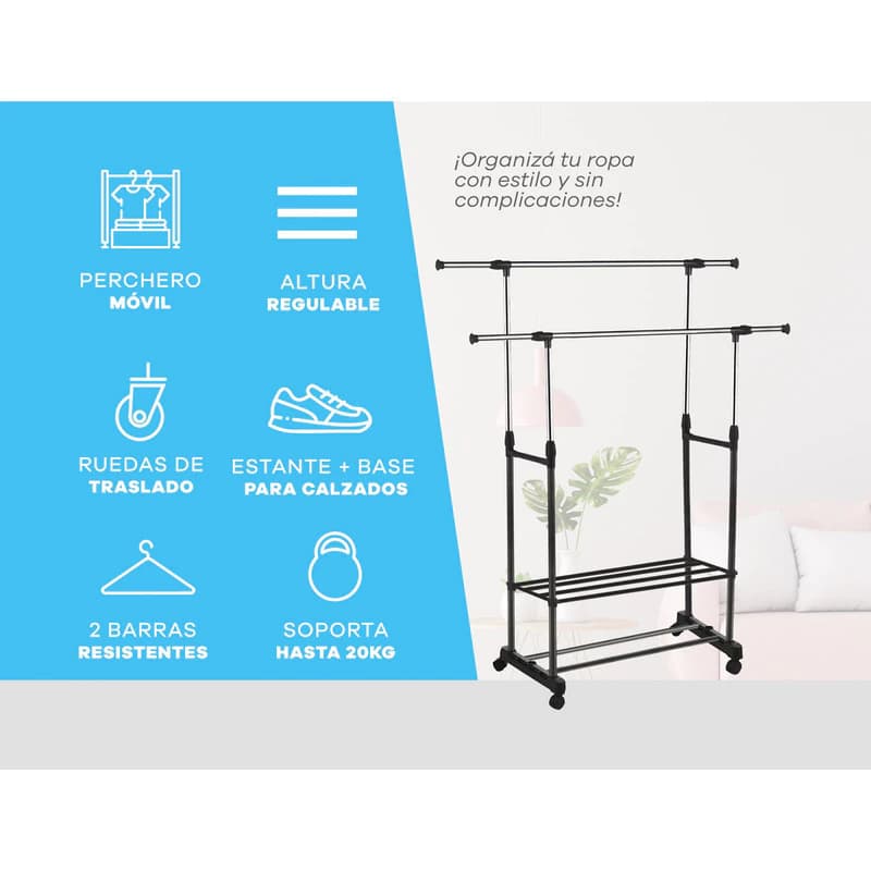 Perchero Móvil Doble Barral Extensible | Altura Regulable | Linea Simple Home