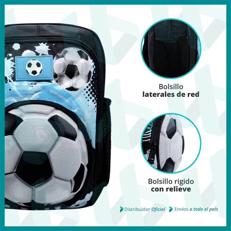 Mochila Escolar Infantil 3D Fútbol | Preescolar y Nivel Inicial — Azul