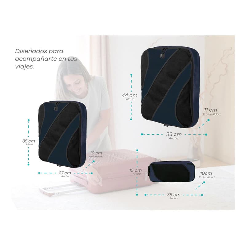 Set Organizadores de Valija T-Go x3 Piezas Poliéster Azul | Viaje sin caos