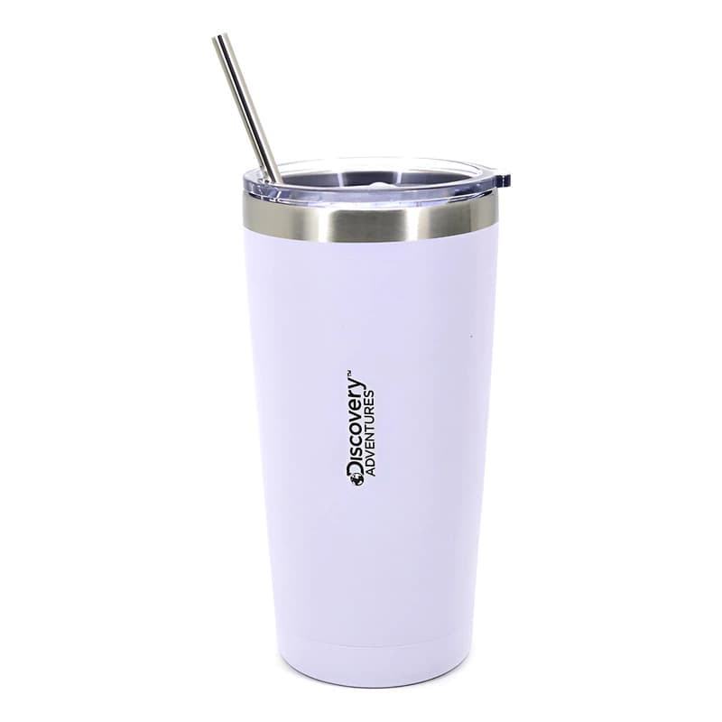 Vaso Térmico Discovery 600 ml Acero Inox Doble Pared con Tapa y Sorbete Metal — Blanco / Con sorbete y tapa