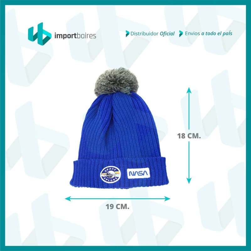 Set Gorro con Pompón + Guantes Niños N.A.S.A — Acrílico abrigado 2 a 10 años — Azul oscuro