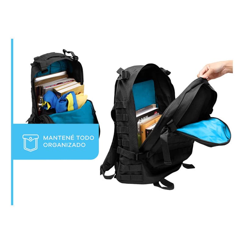 Mochila Táctica Reforzada para Camping y Trekking con Parches de Regalo T-GO EM170 — Negro / Liso