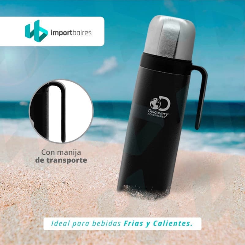 Termo Bala Mate 1 Litro con Manija Discovery Adventure - Acero Inox, Boca Ancha — Negro