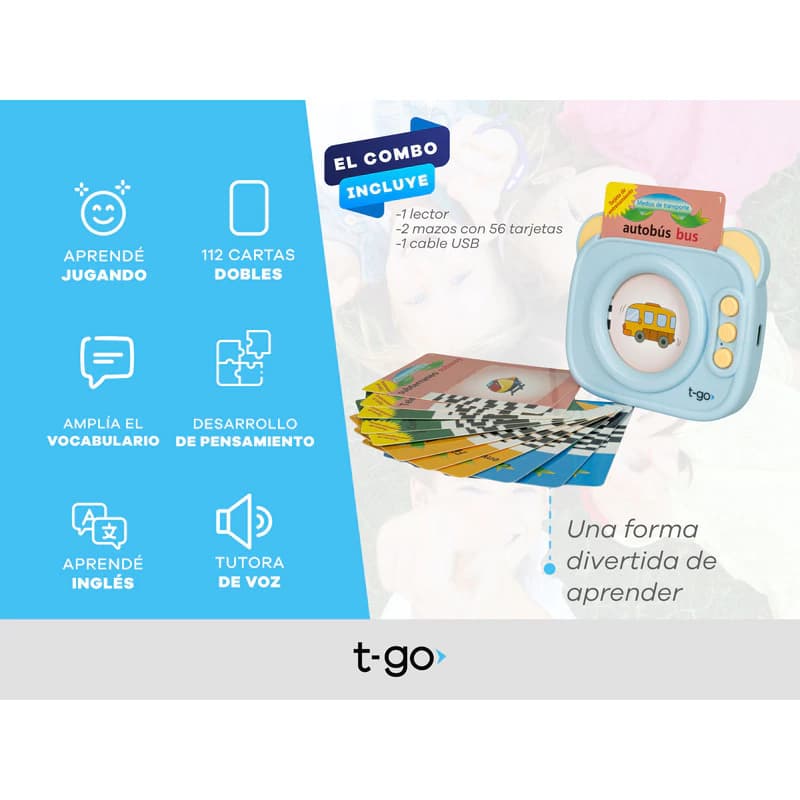 Lector de Tarjetas Bilingüe Inglés-Español T-Go | Juego Educativo 224 Palabras — Celeste