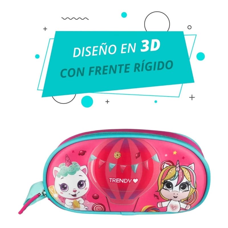 Cartuchera Escolar 3D Trendy T-Rex y Unicornio | Frente Rígido y Cierre Reforzado — 14965 Fucsia