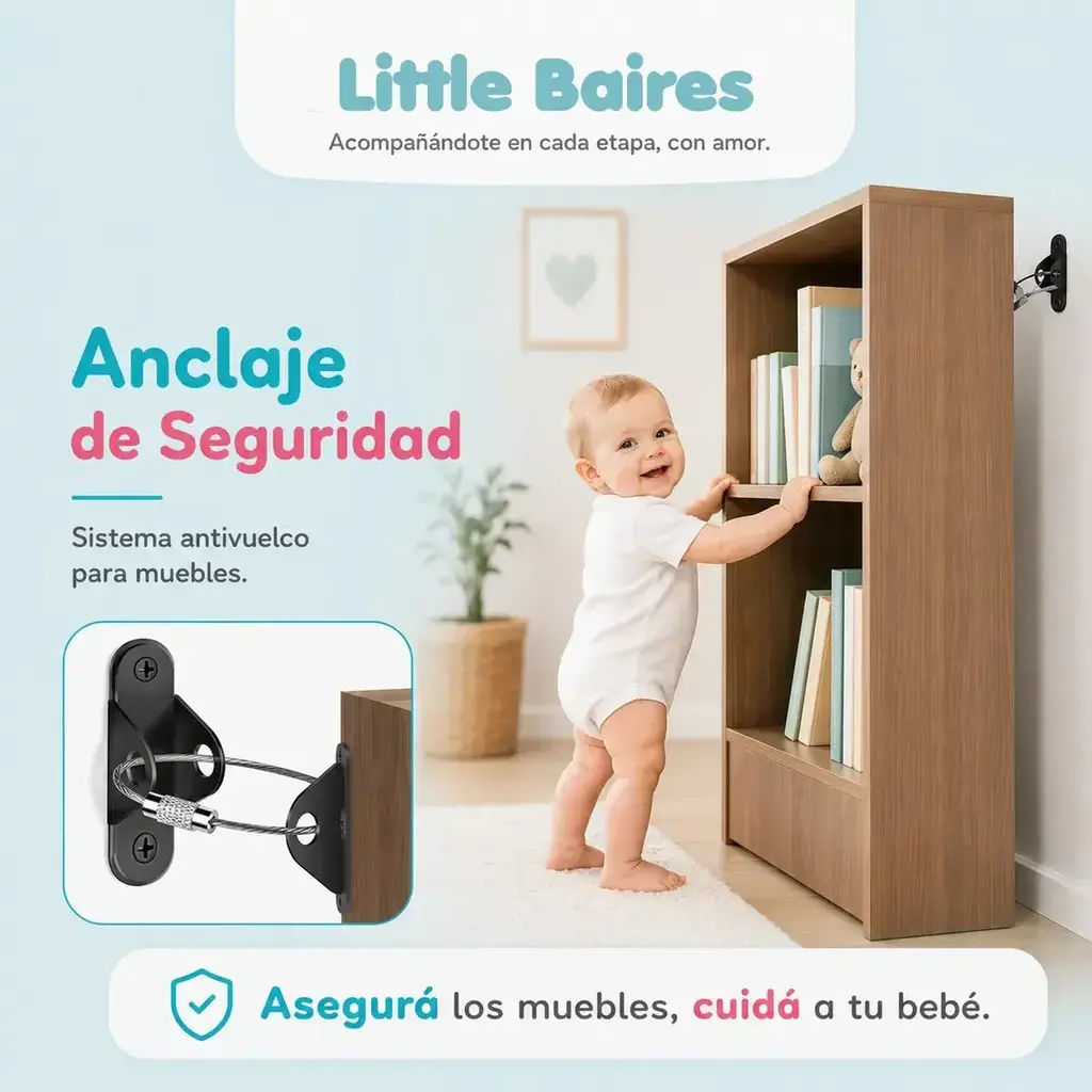 Kit Anclaje Antivuelco de Metal para Muebles | Little Baires — Negro