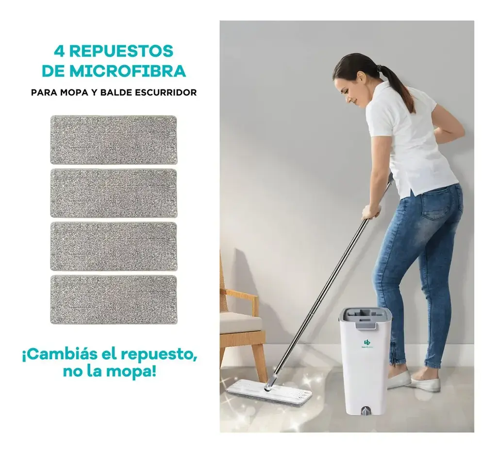 Pack x4 Repuestos Mopa Plana Microfibra | Balde Escurridor