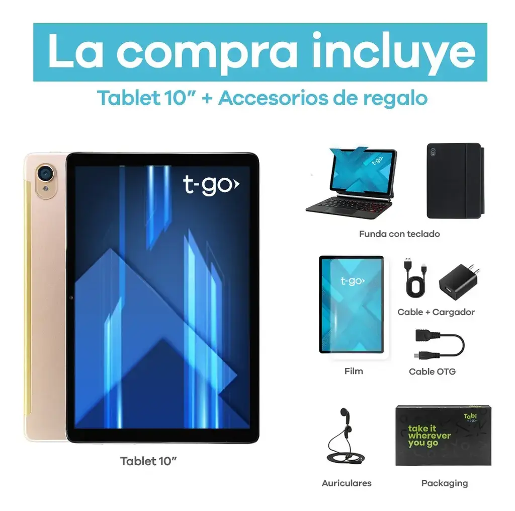 Tablet T-GO 10" Android 14 + Funda Teclado Bluetooth y Accesorios | Outlet (Reacondicionado) — Rosa