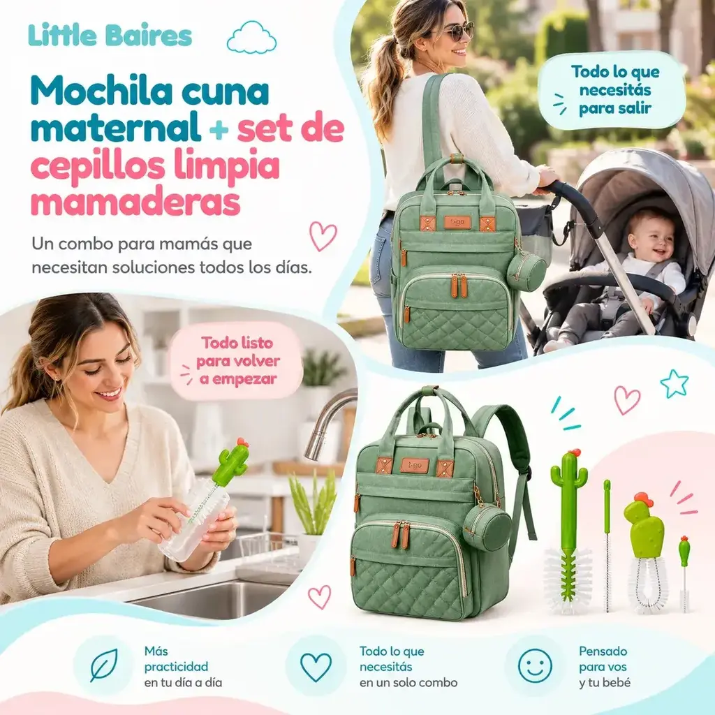 Mochila Cuna Maternal T-GO + Set Limpia Mamaderas Cactus de Regalo