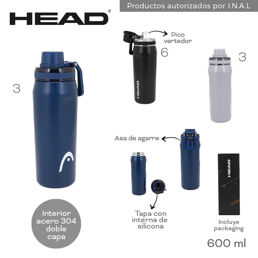 Botella Térmica 600 ml | Acero Inoxidable Doble Capa | HEAD — Negro