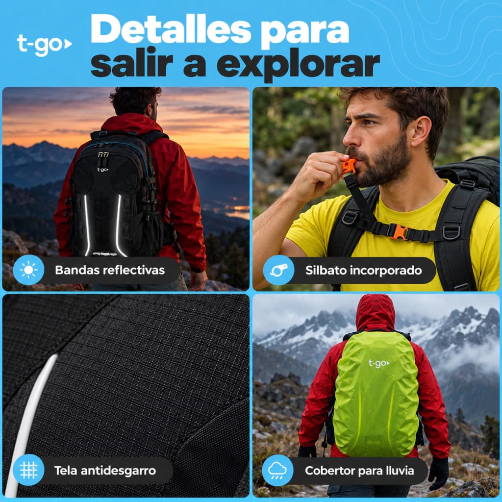 Mochila T-Go 40 L Trekking con Cobertor de Lluvia y Silbato de Emergencia + Parlante Tech de regalo