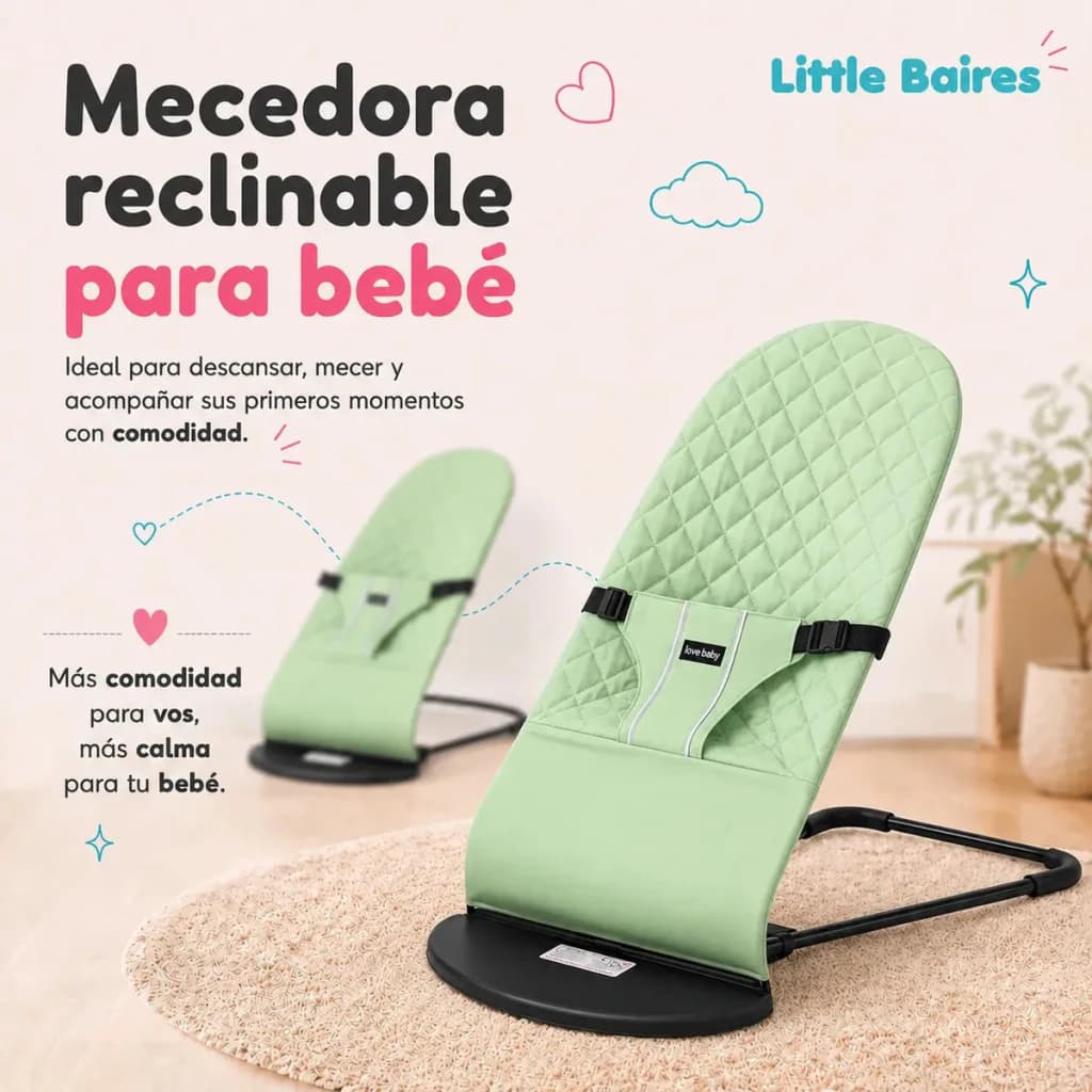 Mecedora Reclinable para Bebé 4 Posiciones con Arco Didáctico — Little Baires — Verde