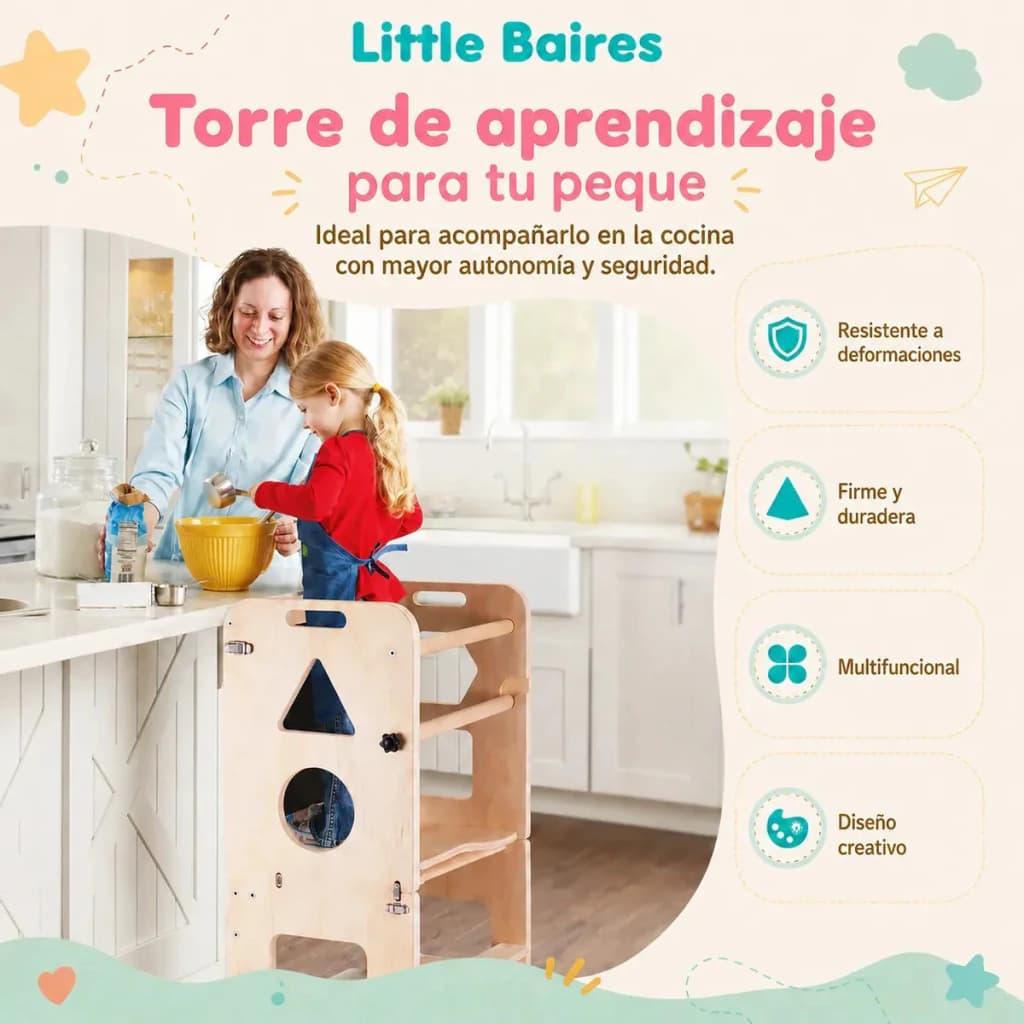 Torre Montessori 3 en 1: Torre, Mesa con Silla y Pizarra – Madera