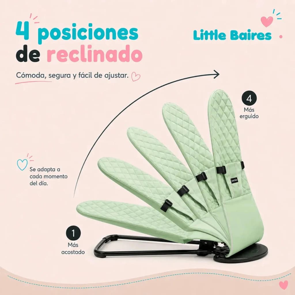 Mecedora Reclinable para Bebé 4 Posiciones con Arco Didáctico — Little Baires — Verde